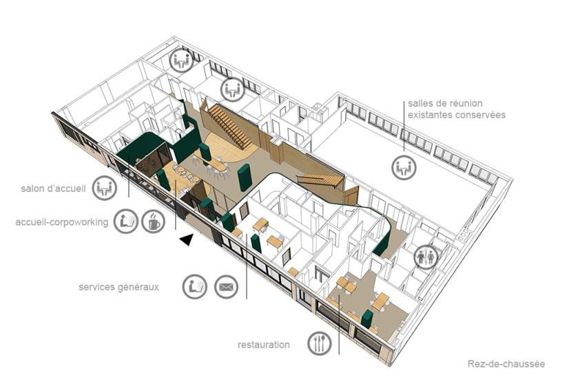 Axonométrie 3D du niveau Rdc