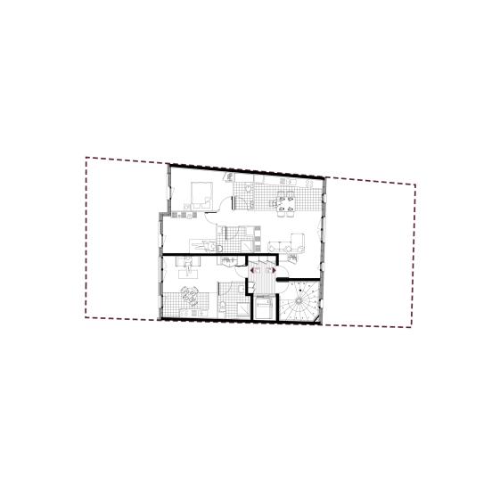 Boulogne // Plan d’étage courant (R+2 à R+8). Deux logements par palier, cuisines ouvertes et duplex au dernier étage offrent confort et vues dégagées.