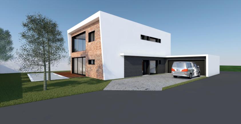Construction d'une maison contemporaine par l'atelier S , architecte basé à Toulouse : la maison avec son garage vue depuis le chemin d'accès