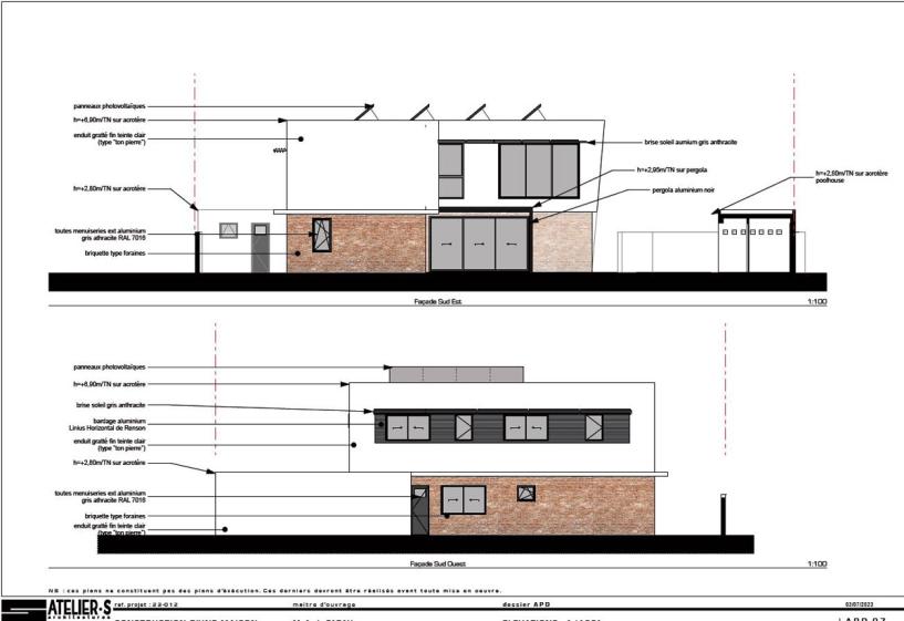 Construction d'une maison contemporaine par l'atelier S , architecte basé à Toulouse : dessin de façades