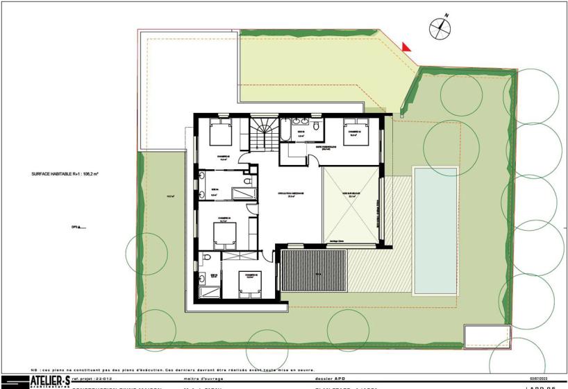 Construction d'une maison contemporaine par l'atelier S , architecte basé à Toulouse : plan de l'étage
