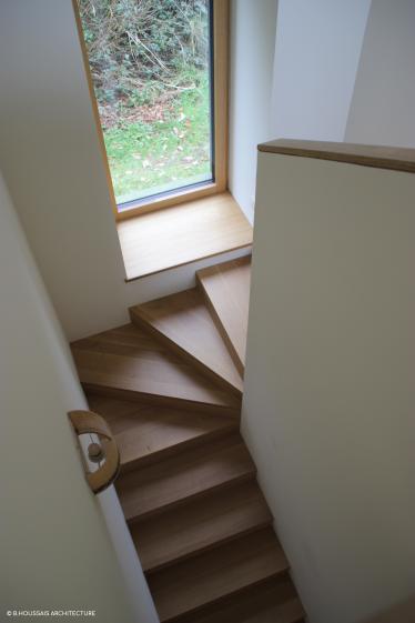 Escalier bois et vue sur la canopée du jardin