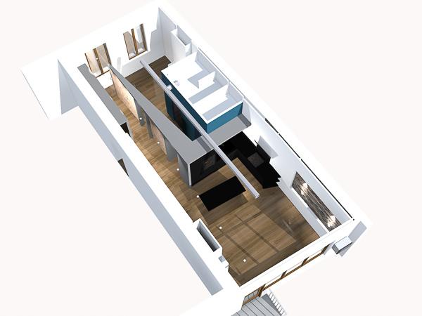 Esprit loft pour cette rénovation d'un appartement dans un immeuble ancien du quartier Les chalets à Toulouse : vue 3D du projet - projet par l'atelier S architectures, architecte et architecte d'intérieur à Toulouse