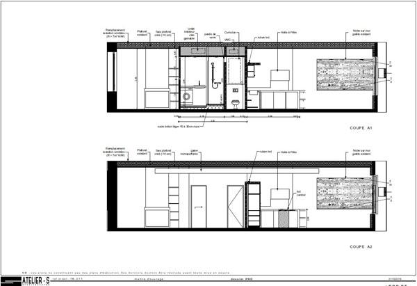 Esprit loft pour cette rénovation d'un appartement dans un immeuble ancien du quartier Les chalets à Toulouse : plans et coupes projet - projet par l'atelier S architectures, architecte et architecte d'intérieur à Toulouse