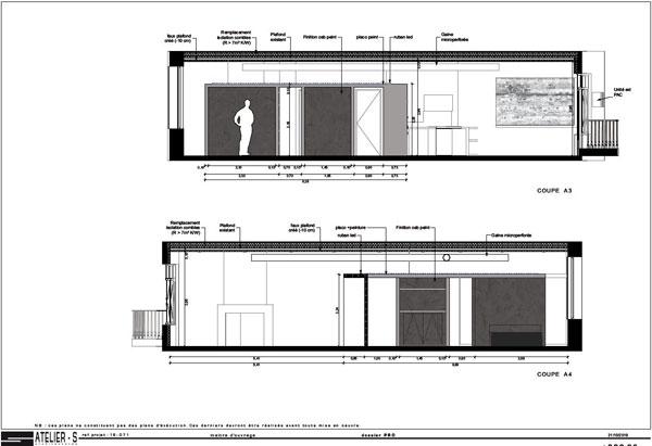 Esprit loft pour cette rénovation d'un appartement dans un immeuble ancien du quartier Les chalets à Toulouse : plans et coupes projet - projet par l'atelier S architectures, architecte et architecte d'intérieur à Toulouse