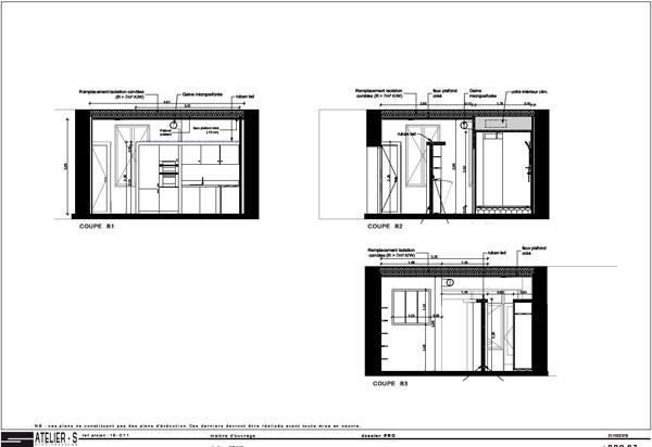 Esprit loft pour cette rénovation d'un appartement dans un immeuble ancien du quartier Les chalets à Toulouse : plans et coupes projet - projet par l'atelier S architectures, architecte et architecte d'intérieur à Toulouse