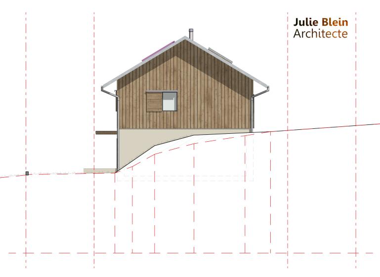 façade est, côté rue. Bois & béton enduit
