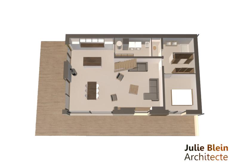 plan du rez-de-jardin : grand séjour, buanderie et suite parentale