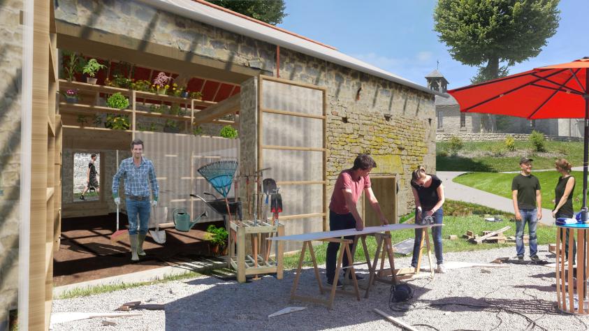 La Grange nourricière - serre intérieure et atelier extérieur