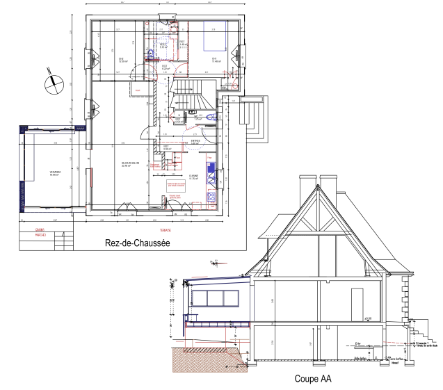Plan et coupe du projet : extension terrasse et rénovation intérieure. 
