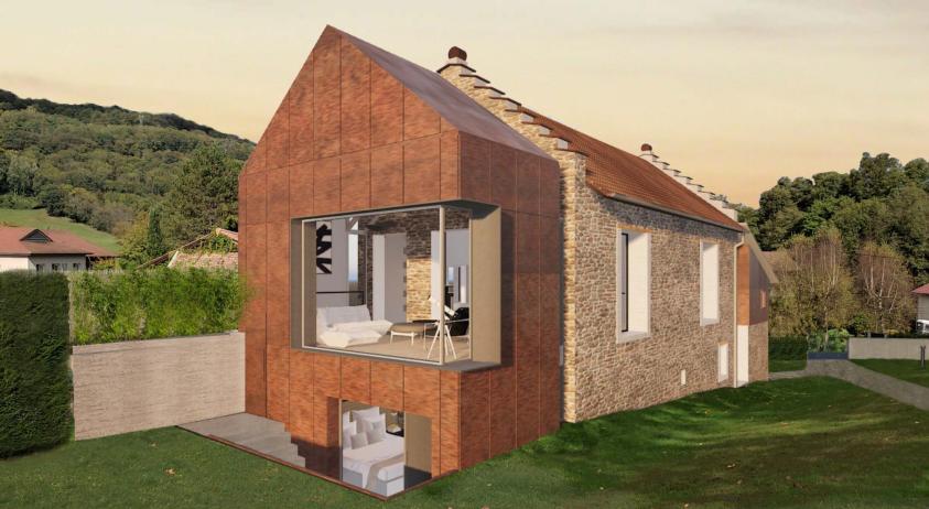 Vue extérieure de la maison existante et de l'extension neuve