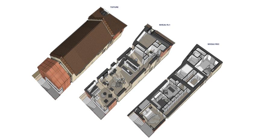 axonométries de la maison existante et de l'extension