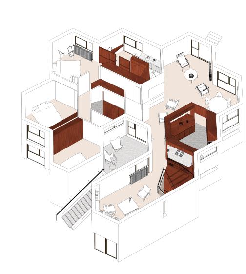 La cuisine hexagonale,  rotule de l'espace de vue, laisse entrer la lumière au coeur de la maison et offre de nombreuses perspectives