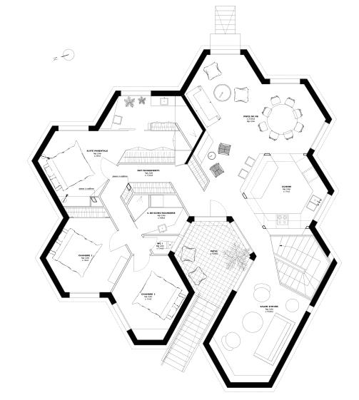 Décloisonnement, liaison des deux niveaux par un escalier hexagonal,