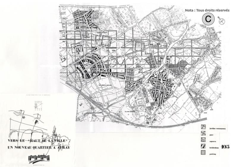 Plan masse/Plaquette Diplôme d'architecte 1990 - Ecole d'architecture de Bretagne ( Zone de Porte Océane - Auray ) TPFE Octobre 1990 :