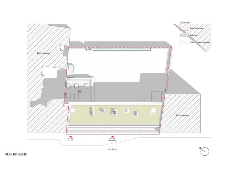  Ce plan de toiture montre les accès (école et gymnase), les zones végétalisées et les gravillons, avec une organisation fonctionnelle et optimisée.