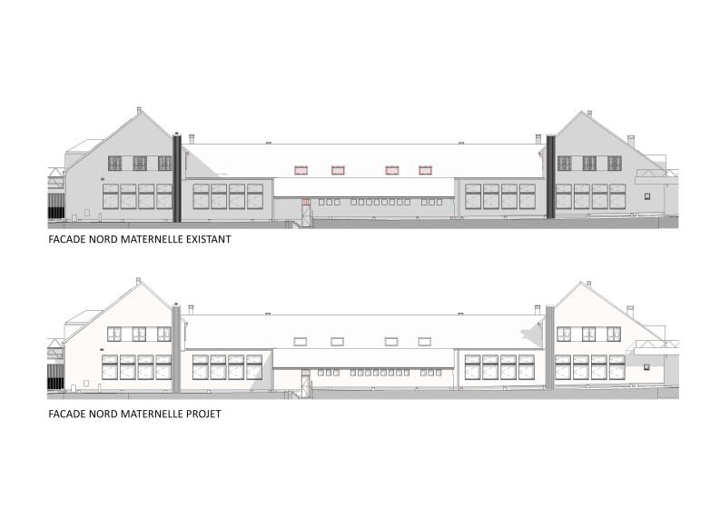La façade nord de la maternelle présente une transformation significative entre l’état existant et le projet. L’intervention apporte une modernisation avec l’ajout d’ouvertures pour une meilleure luminosité naturelle à l’intérieur. Les volumes restent harmonieux, préservant l’architecture d’origine tout en intégrant des éléments contemporains. Ce projet reflète un équilibre entre rénovation et fonctionnalité, adapté aux besoins des jeunes usagers.