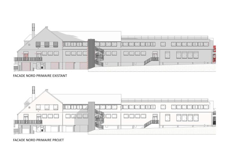 La façade nord de l’école primaire montre une évolution significative entre l’existant et le projet. Le design revisité inclut des modifications structurantes comme de nouvelles ouvertures et un traitement des volumes favorisant l’équilibre esthétique. Ces ajustements optimisent non seulement l’éclairage naturel, mais également la fonctionnalité des espaces. Le projet illustre une approche respectueuse de l’existant tout en apportant une modernité nécessaire au bâtiment.
