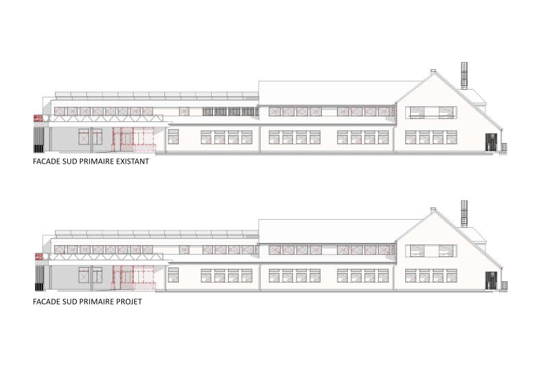 La façade sud de l’école primaire présente une rénovation énergétique qui modernise l’aspect tout en respectant son architecture d’origine. Le projet intègre des ouvertures repensées pour améliorer la performance thermique et l’éclairage naturel. L’esthétique générale conserve une harmonie entre les éléments existants et les ajouts contemporains. Cette transformation reflète un engagement pour une école plus durable et fonctionnelle.