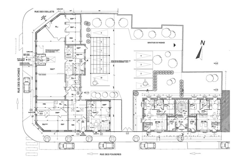 Plan Rez-de-chaussée d'ensemble (locaux associatifs et immeuble de logements - E