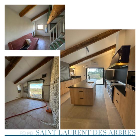 Photographie avant travaux pendant les travaux, et après travaux, tu ne cuisines semi professionnelle d'un gîte, Architecte, car.
