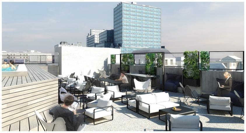 Vue de la piscine et de l'espace bar / lounge