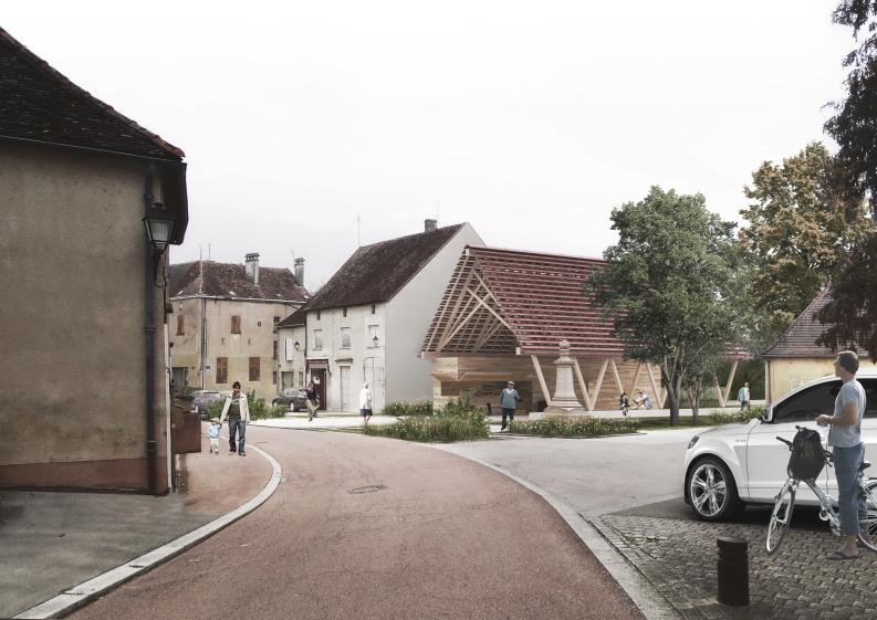 Vue de la nouvelle place et de la halle bois et zinc