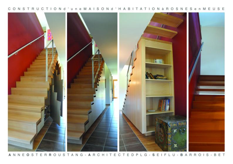 L'escalier intérieur se compose d'un socle abritant un rangement. Les dernières marches laissent la lumière passer.