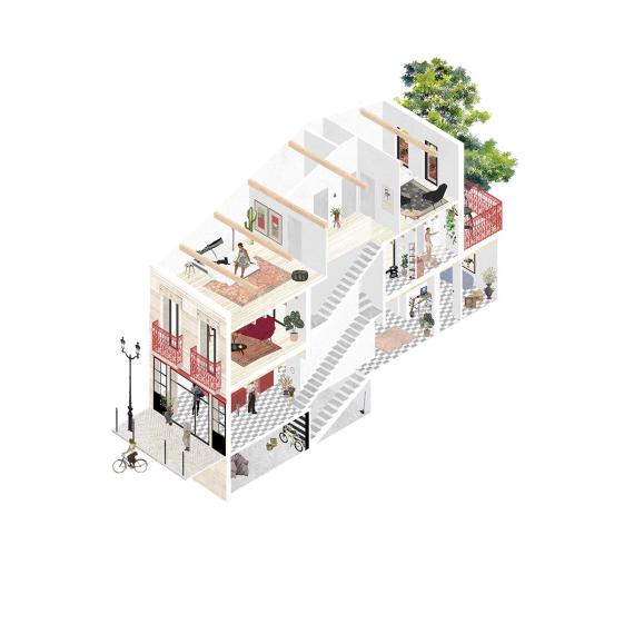 Axonométrie du projet | 015 - rénovation et surélévation d'une échoppe et de son commerce