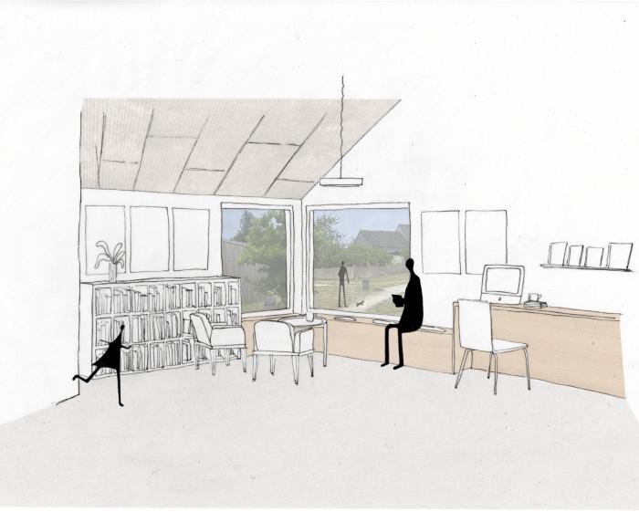 Croquis intérieur : alcôve de lecture, espace multimédia et presse