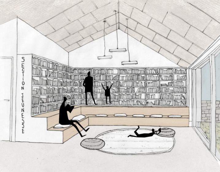 Croquis intérieur : gradin de lecture