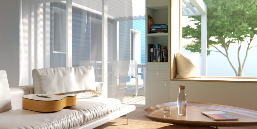 Vue intérieure Proposition d'ambiance du séjour, grandes fenêtres, rangements intégrés, lumière naturelle