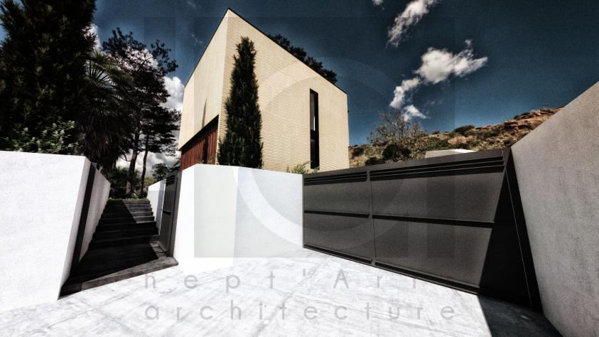 Villa container MADM . Vue depuis l'accès au terrain Villa container MADM . Vue depuis l'accès au terrain