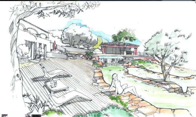 un jardin de rêve avec des "folies architecturales" et une piscine à débordement de 25 m de long