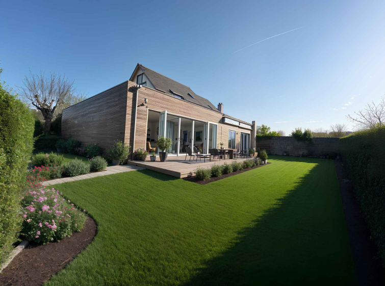 Vue extérieure de la  maison après travaux,  avec extension contemporaine en bardage bois, largement ouverte sur le jardin par de grandes baies vitrées, terrasse en bois et aménagement paysager.