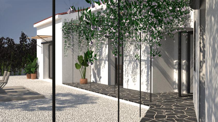 Les volumes de la maison s'implantent en retrait. Une des intentions de projet est de profiter de ce retrait pour créer un espace de transition entre le jardin et la maison. La coursive est abrité d'une treil pour filtrer le soleil en été et végétaliser la façade. Lee revêtement de sol est le même que celui du hall central dans la maison pour marquer une continuité entre intérieur et extérieur. Le hall appelle ainsi à sortit vers le jardin.