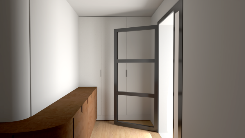 L'entrée existante était étriquée et le mobilier imposant. Proposition de mobilier bas et arrondi pour fluidifier la circulation et donner une sensation d'espace.