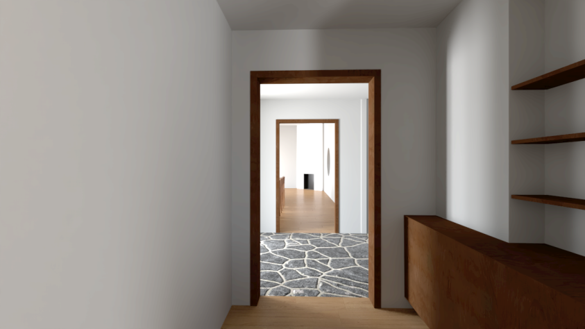 Une des contraintes principales de la maison concerne la succession d'espace en enfilade et l'emprise de espaces de circulation/hall. Les habitants ne souhaitant pas chnger les usages de places, peu de possibilité de distribuer les espaces autrement. Nous avons donc décider de marquer et valoriser l'enfilade des pièces pour donner une sensation de grandeur. L'objectif étant de donner une gradation à la façon d'entrer dans la maison marquant l'identité de chaque espace traversé.