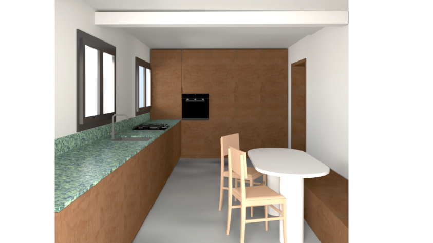 Vue de la cuisine. Volonté des clients de pouvoir créer un espace banquette au sein même de la cuisine.