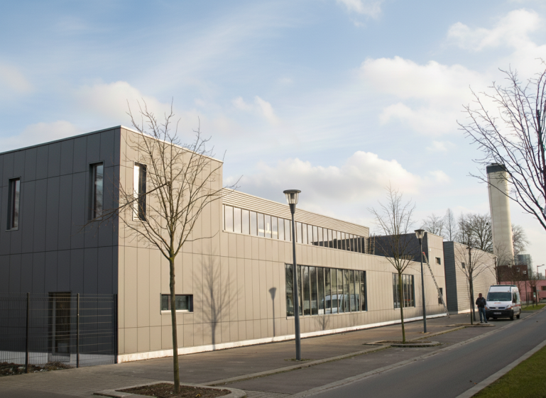 Miroiterie, atelier d’aluminium, showroom et bureaux - Vue depuis le quai de Gand