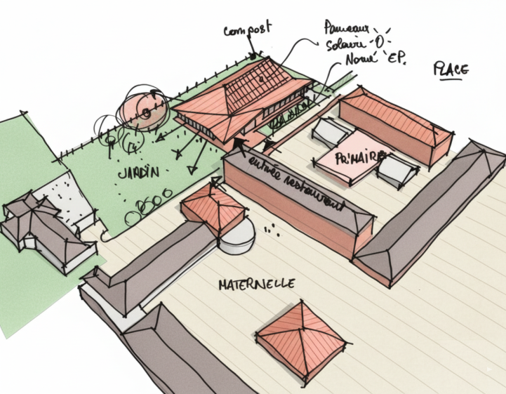 Restaurant scolaire  -  Structure et Murs ossature bois - Couverture zinc - Bardage Equitone - Installation panneaux photovoltaïques - Menuiseries Alu - Infiltration eaux pluviales sur noue - Compostage des déchets alimentaires