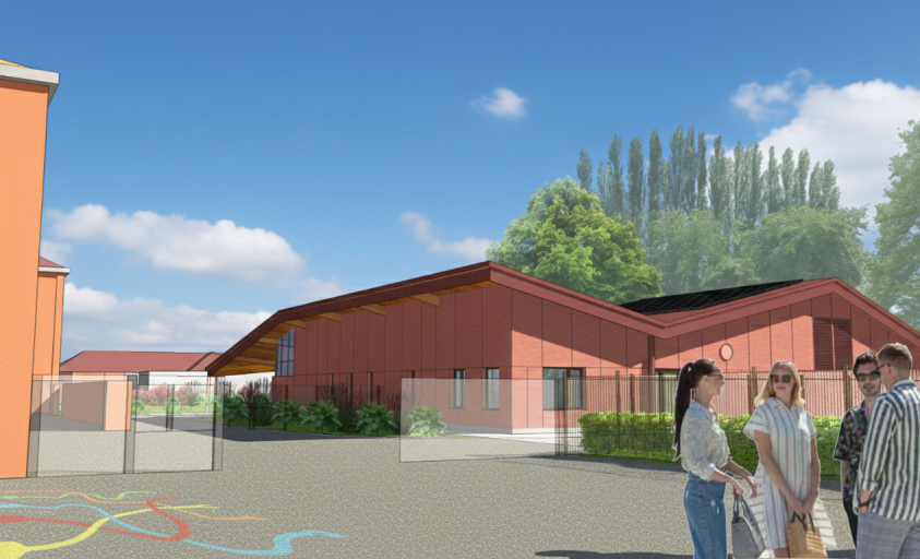 Restaurant scolaire  -  Structure et Murs ossature bois - Couverture zinc - Bardage Equitone - Installation panneaux photovoltaïques - Menuiseries Alu - Infiltration eaux pluviales sur noue - Compostage des déchets alimentaires