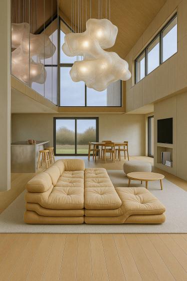 Le bois clair, les lignes sobres et les assises généreuses créent une ambiance calme et accueillante. Chaque élément est pensé pour prolonger la simplicité du volume et la douceur du lieu.