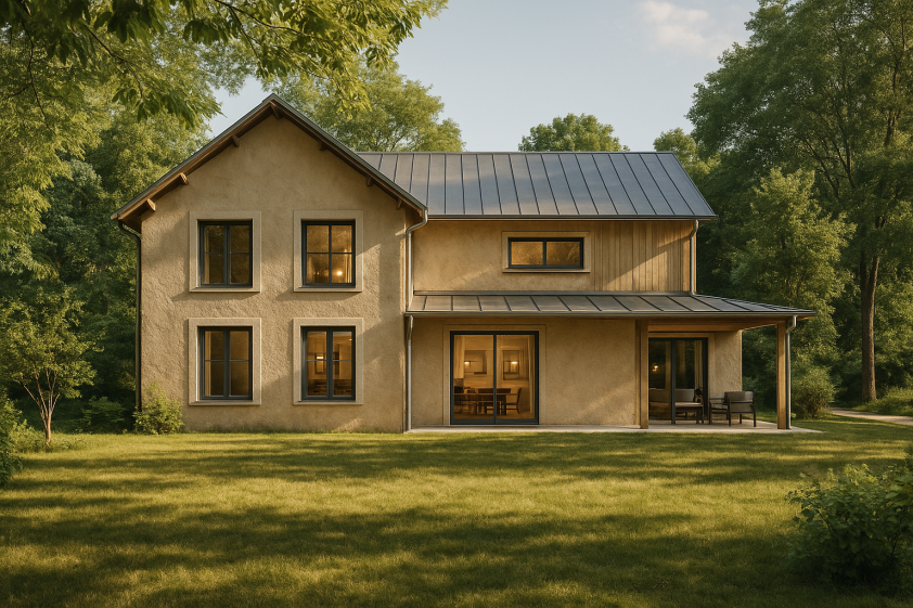 Le mélange d’enduit à la chaux et de bois naturel ancre la maison dans le paysage. Les ouvertures sont rythmées, la lumière entre largement, et l’ensemble affirme une sobriété paisible, à l’abri des grands arbres.
