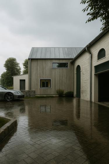 Le bardage bois et l’enduit à la chaux unifient les volumes sans les dénaturer. Sous la pluie, le sol pavé réfléchit les façades, renforçant la sobriété et la cohérence de l’ensemble.
