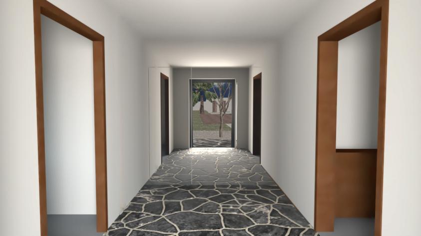 Le hall central, au cœur de la maison articule les espaces entre eux. Le hall est un espace tampon entre l'entrée et les espaces de vie ainsi qu'entre les espaces jour et nuit ou encore entre l'intérieur et l'extérieur. L'intention est ici de donner une identité forte à cet espace vu comme une perte d'espace par les clients. Il devient ainsi un espace de transition fort et indispensable au projet. Le mur "miroir" dissimule les portes donnant accès à l'espace parental et renvoie le regard vers le jardin. 