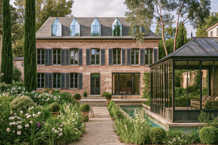  La maison rénovée s’inscrit dans un jardin structuré et paysager, associant façade en brique requalifiée, nouvelles ouvertures et volumes contemporains, avec une extension vitrée et un bassin prolongeant les espaces de vie vers l’extérieur.