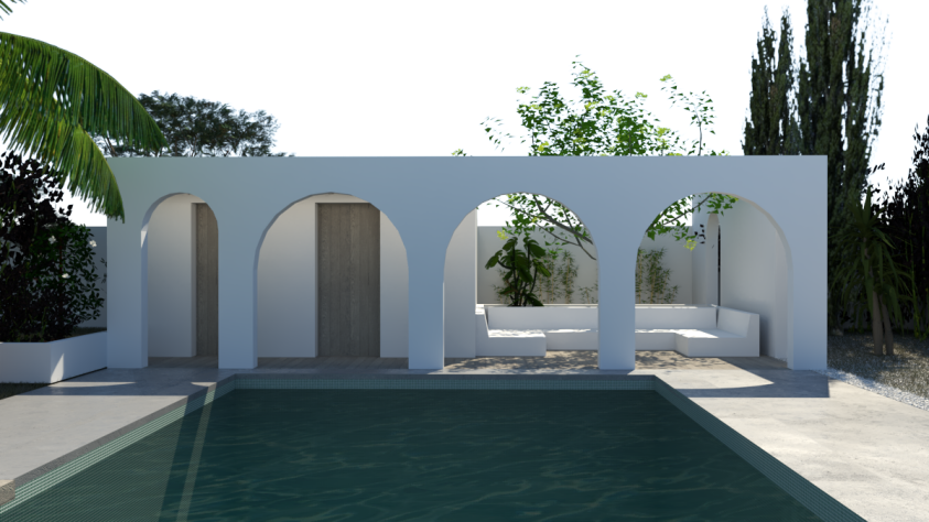 Nous avons travaillé sur un principe de « double peau » permettant de dissimuler le local technique existant de la piscine et de créer ainsi un pavillon en fond de jardin. Cet élément architectural joue également un rôle majeur dans l’attractivité visuelle depuis l’intérieur de la maison, en constituant un point d’appel et une profondeur de regard vers l’extérieur. Le pavillon accueille un salon d’été intime, filtré par une succession d’arches arrondies qui cadrent les vues, orientent et filtren le regard 