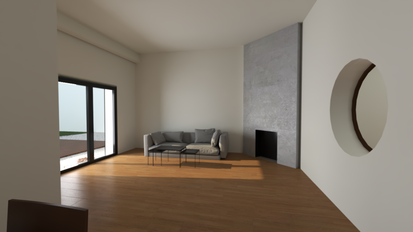 Vue vers le salon depuis la salle à manger. 