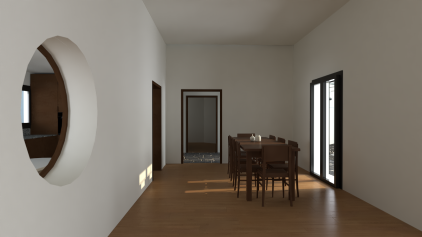 Vue de la salle à manger depuis le salon. La fenêtre ronde est une percée entre le salon et la cuisine.